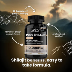 Pure Shilajit capsules Himalayan resin image highlights natural purity and minerals.