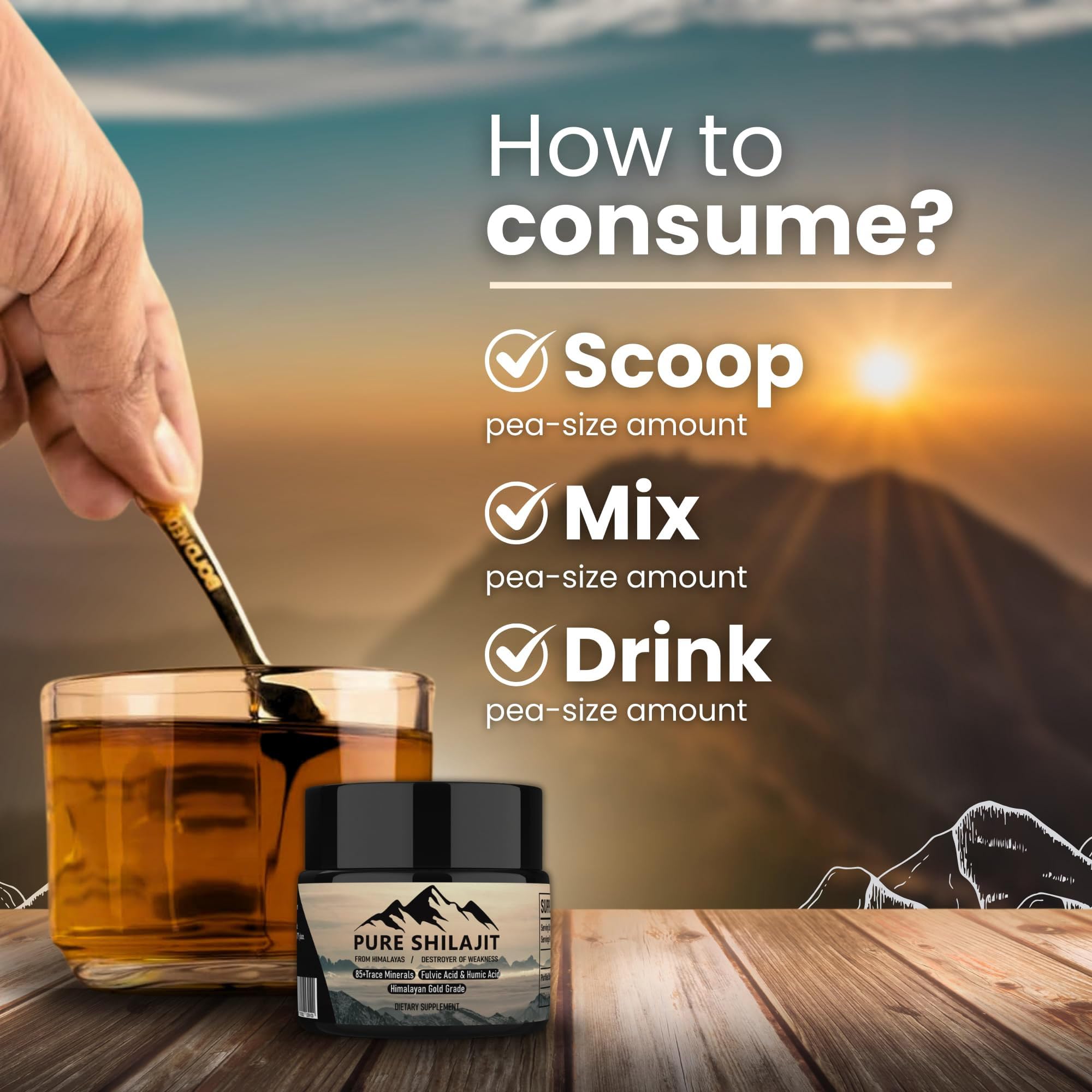 Pure Shilajit Himalayan resin mountain backdrop implying pure origin.