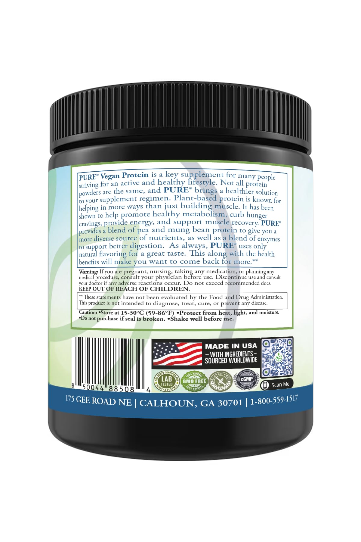 PURE Sport Vegan Protein container in kitchen highlighting gluten-free and non-GMO
