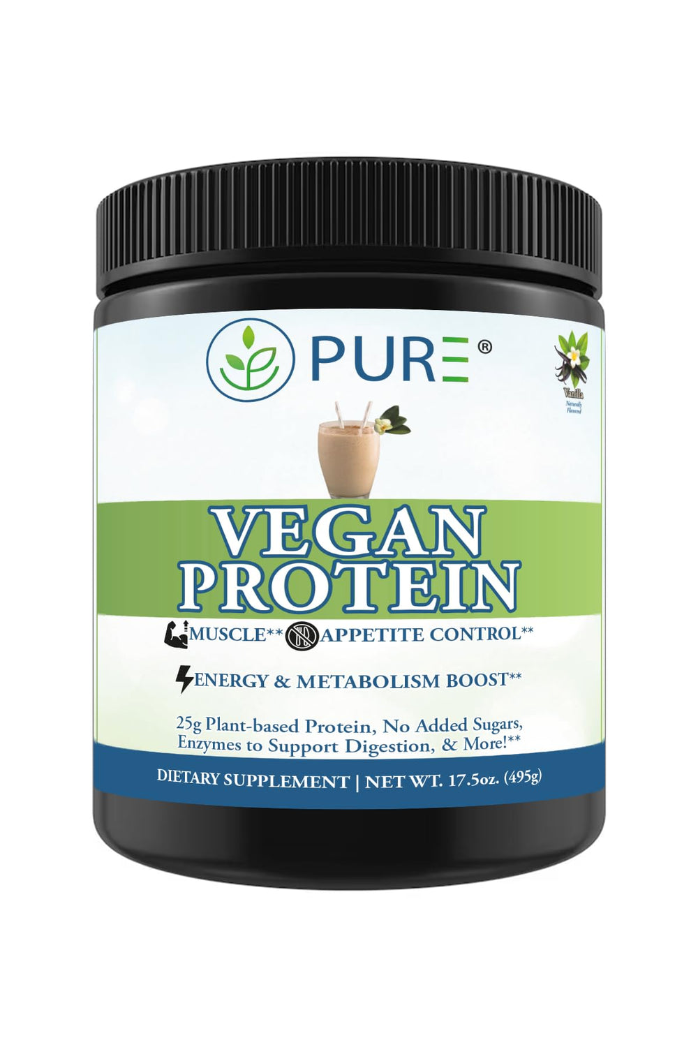 PURE Sport Vegan Protein vanilla tub highlights premium plant-based protein for active lifestyles.