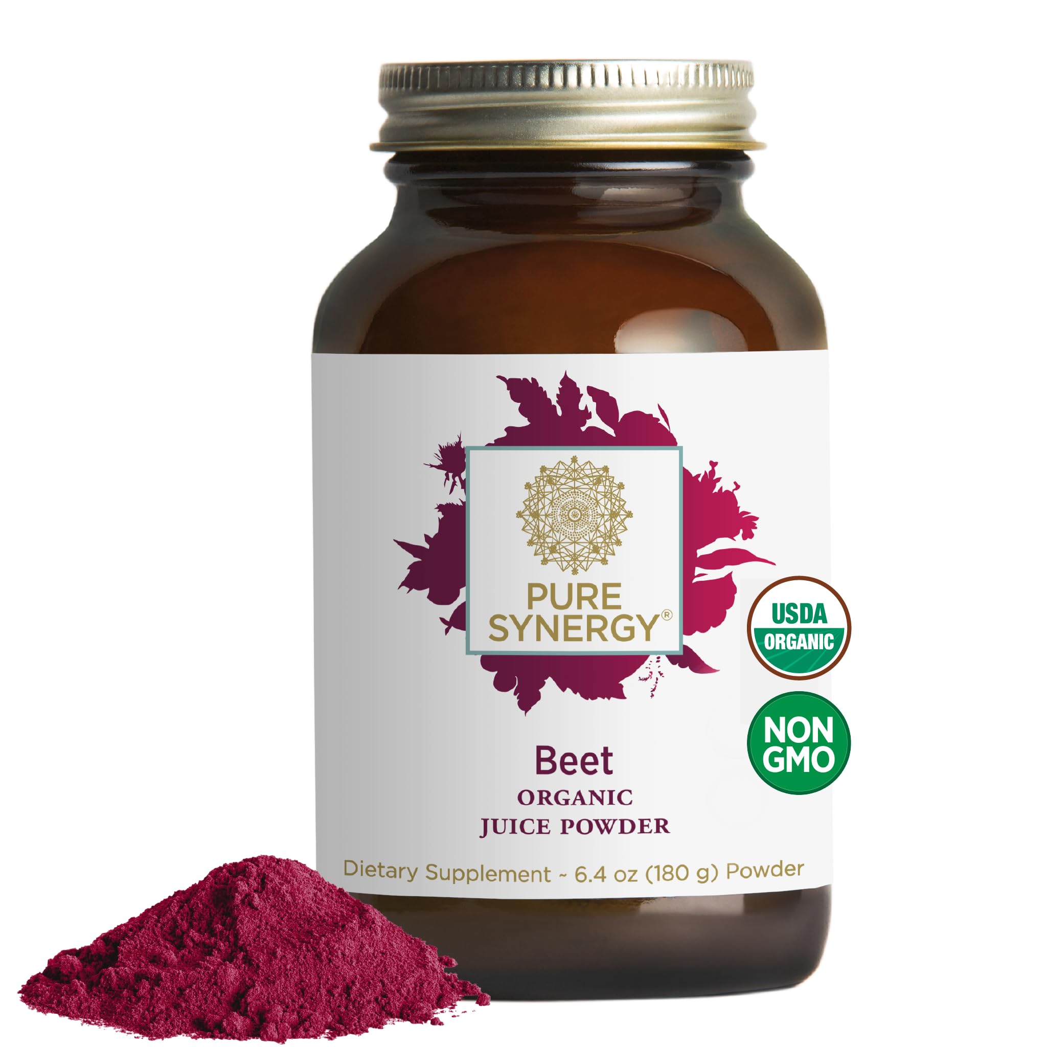 Pure Synergy Beet Juice Powder bottle with organic label for clean energy support.