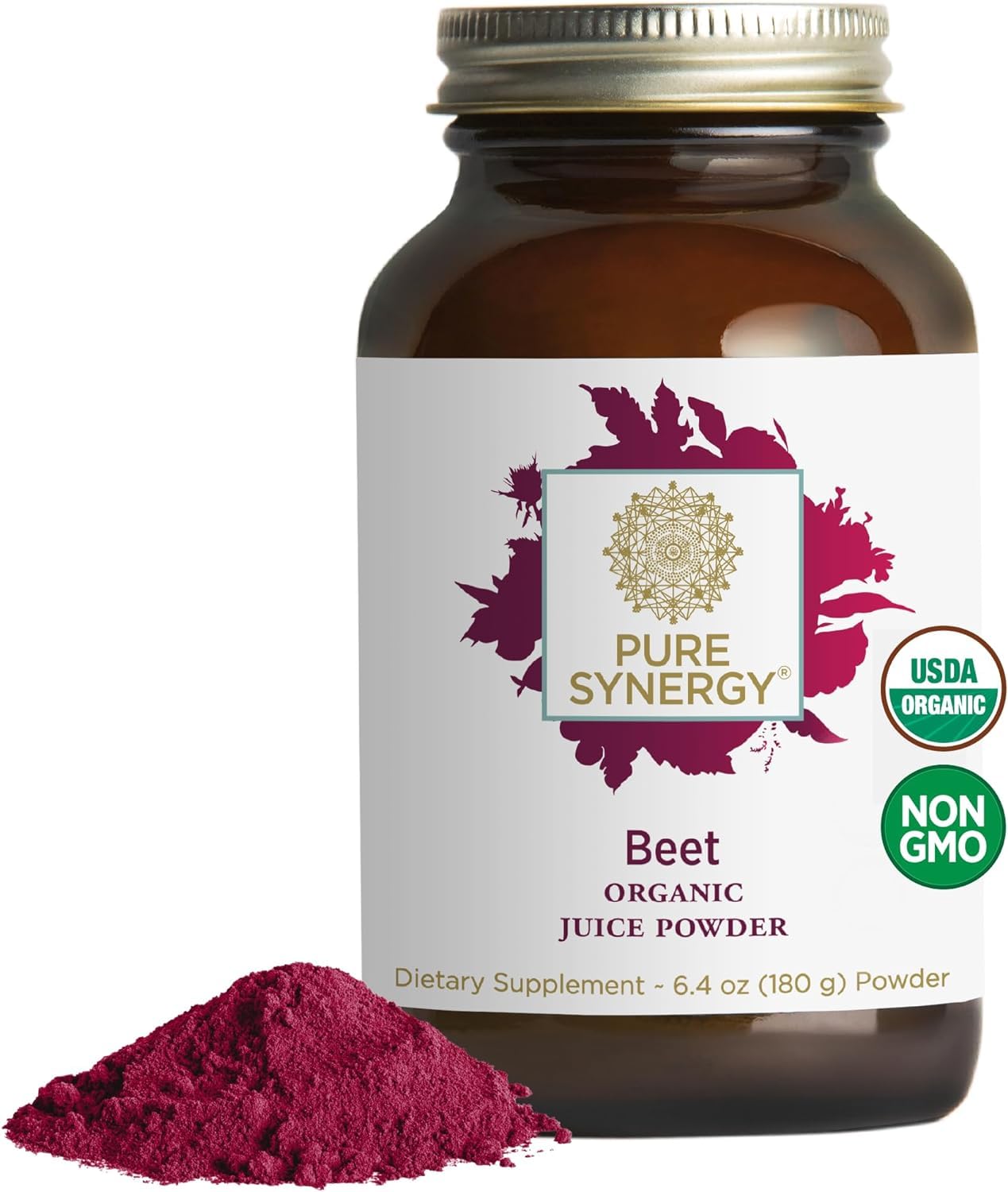 Glass of beet juice drink made with Pure Synergy powder for daily nutrition.