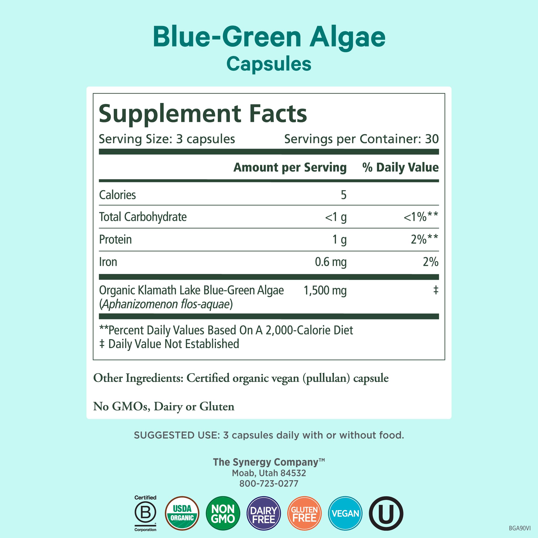 Pure Synergy capsules close-up highlighting organic AFA content and purity