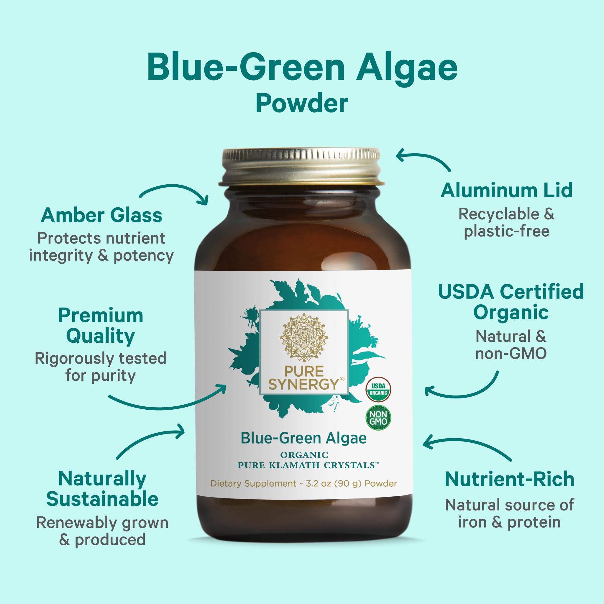 PURE SYNERGY Blue-Green Algae Powder being added to water for a convenient morning ritual.