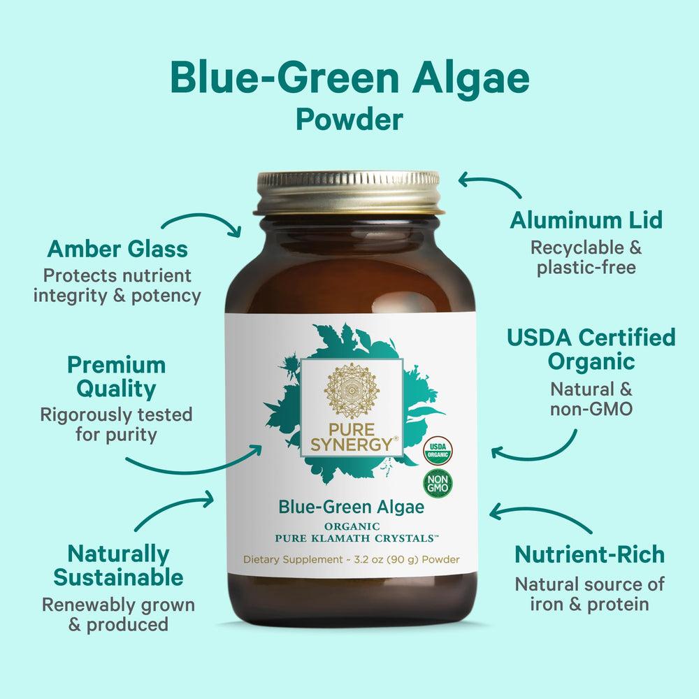 PURE SYNERGY Blue-Green Algae Powder being added to water for a convenient morning ritual.