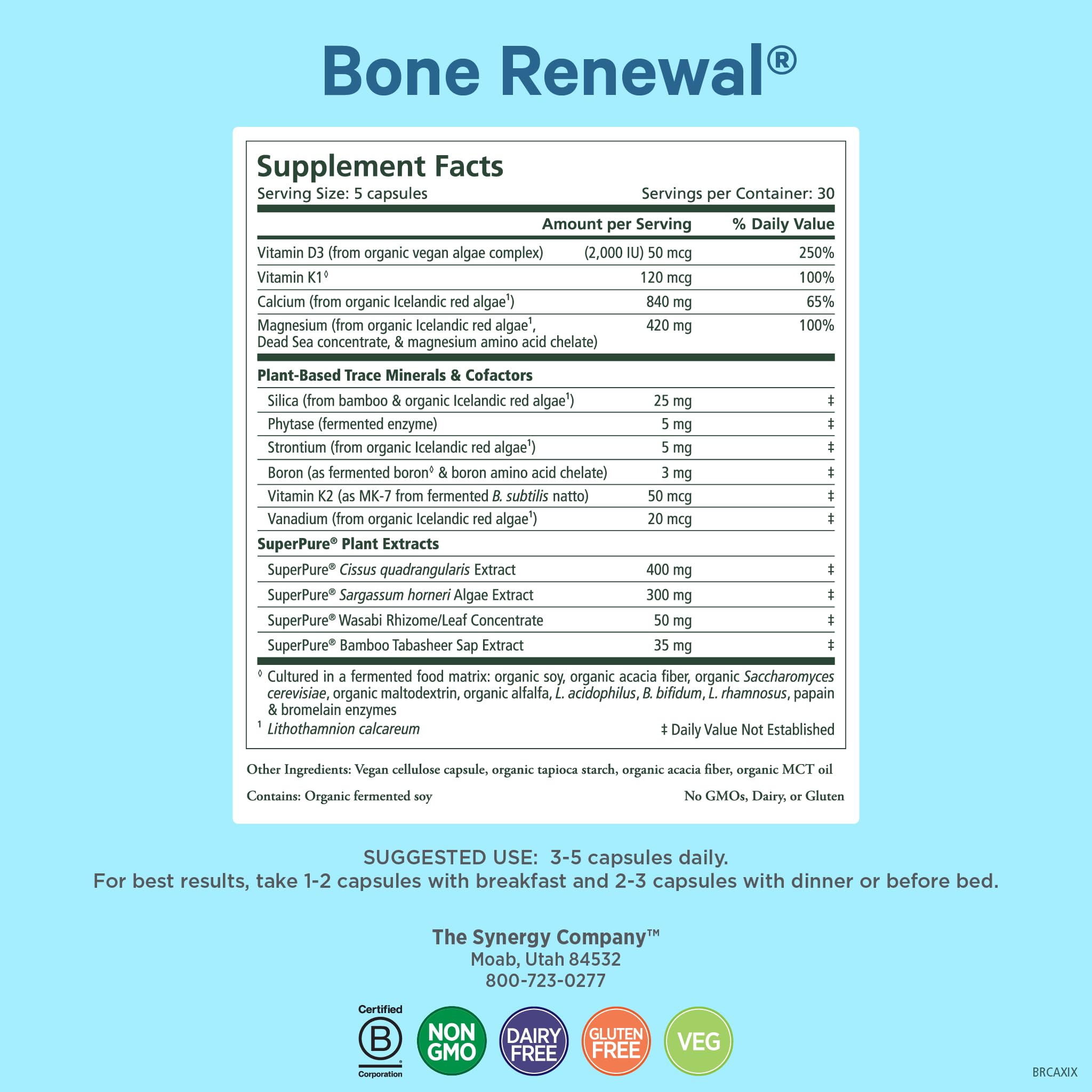 PURE SYNERGY Bone Renewal capsules close-up showing plant-based minerals for strong bones