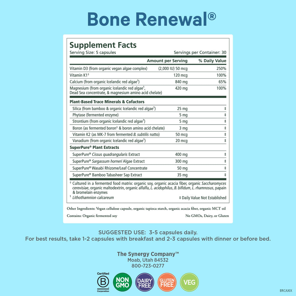 PURE SYNERGY Bone Renewal capsules close-up showing plant-based minerals for strong bones