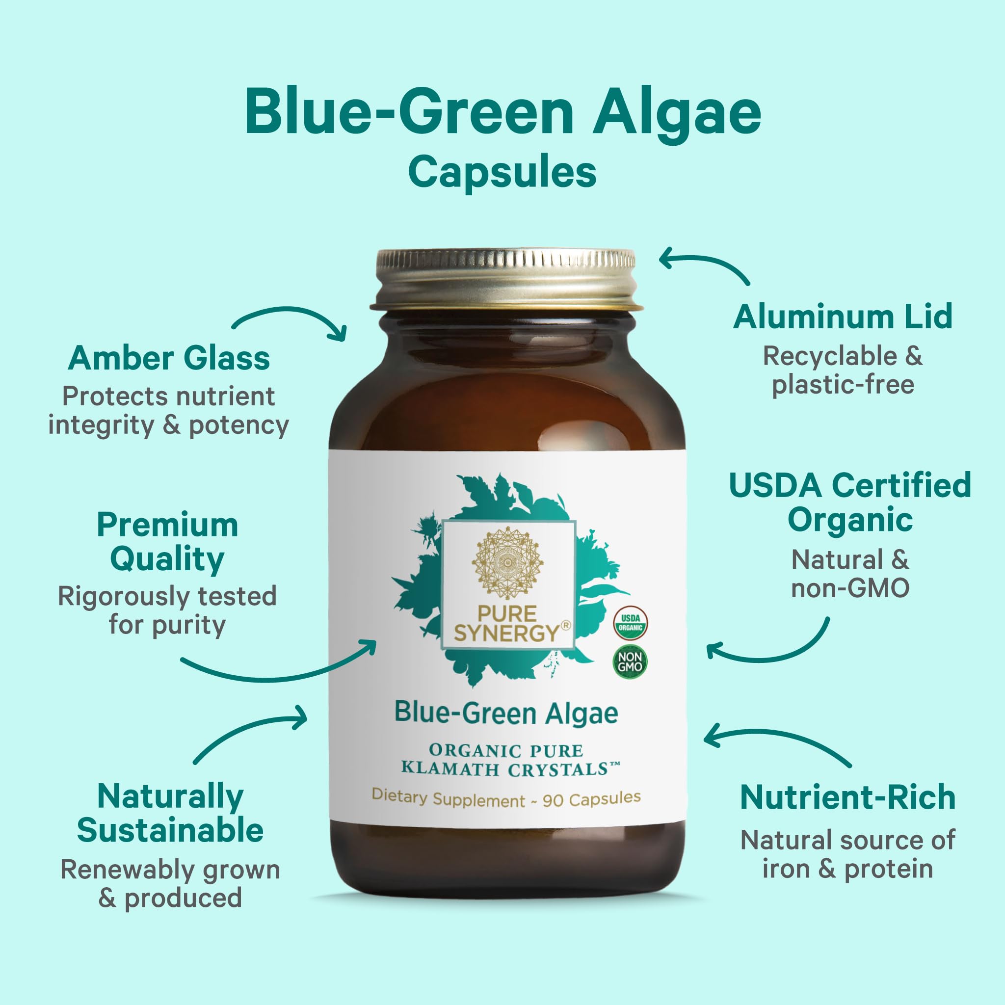 Pure Synergy bottle and label showing vegan gluten-free certification