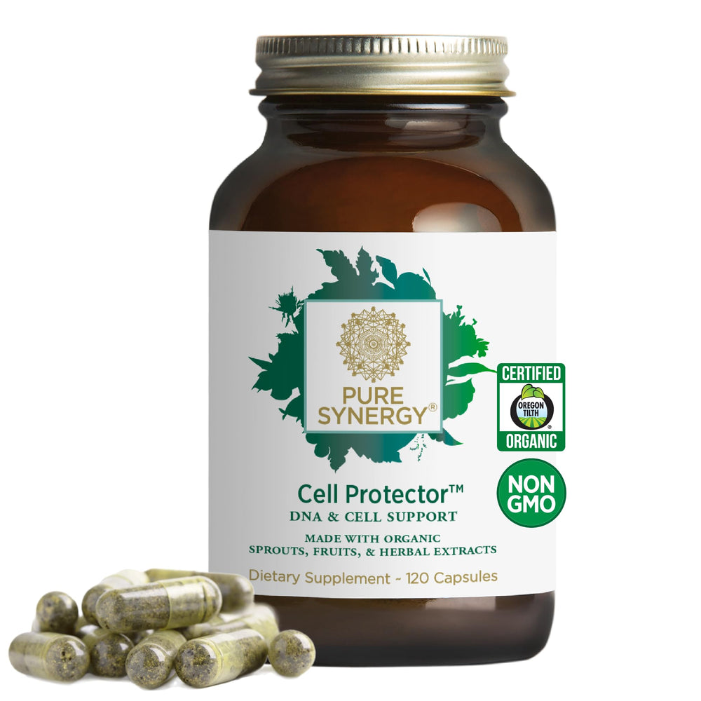 PURE SYNERGY Cell Protector bottle label highlights its cellular health focus.