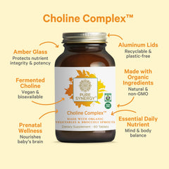 Choline Complex tablets close-up showing compact vegan capsules for daily use.