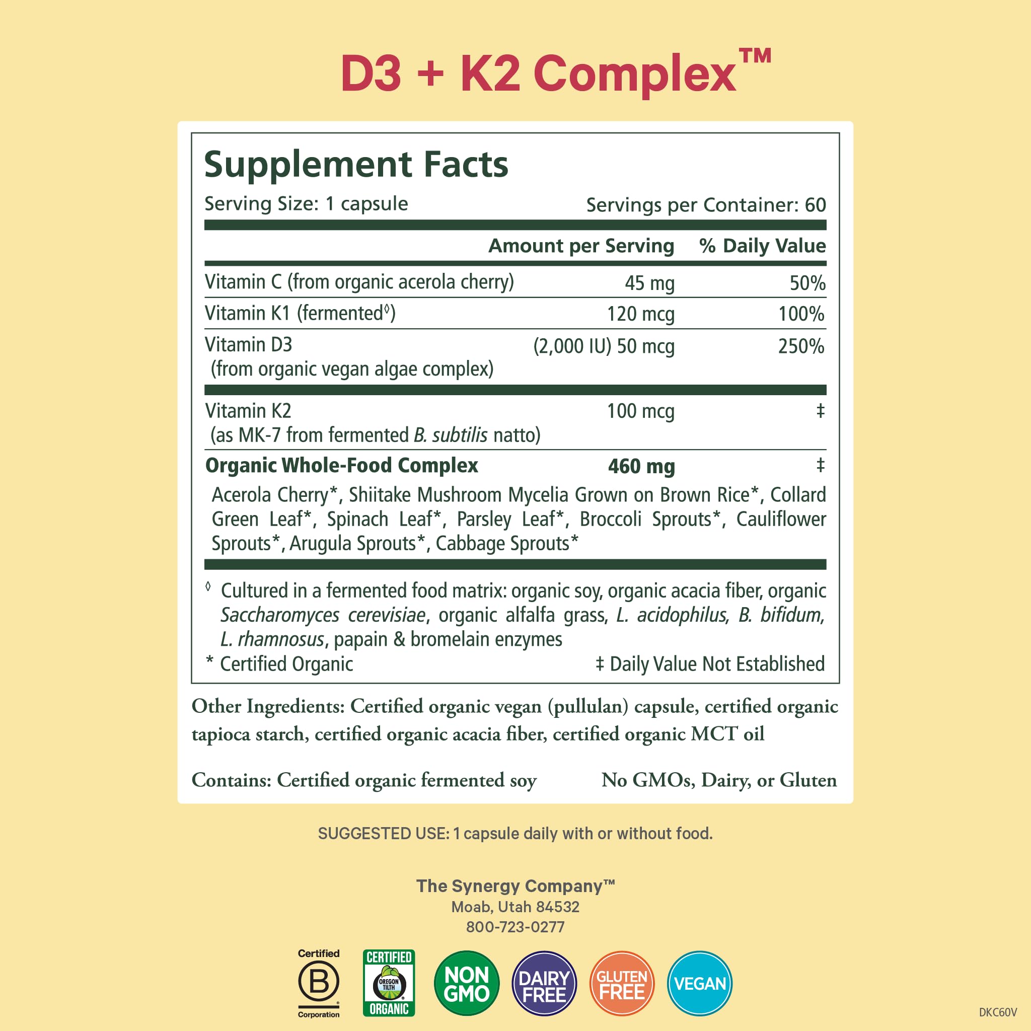 PURE SYNERGY D3 + K2 capsules close-up showing vegan formula.