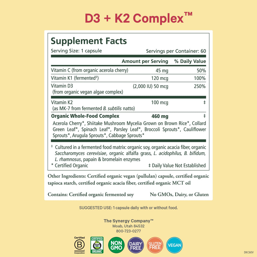 PURE SYNERGY D3 + K2 capsules close-up showing vegan formula.