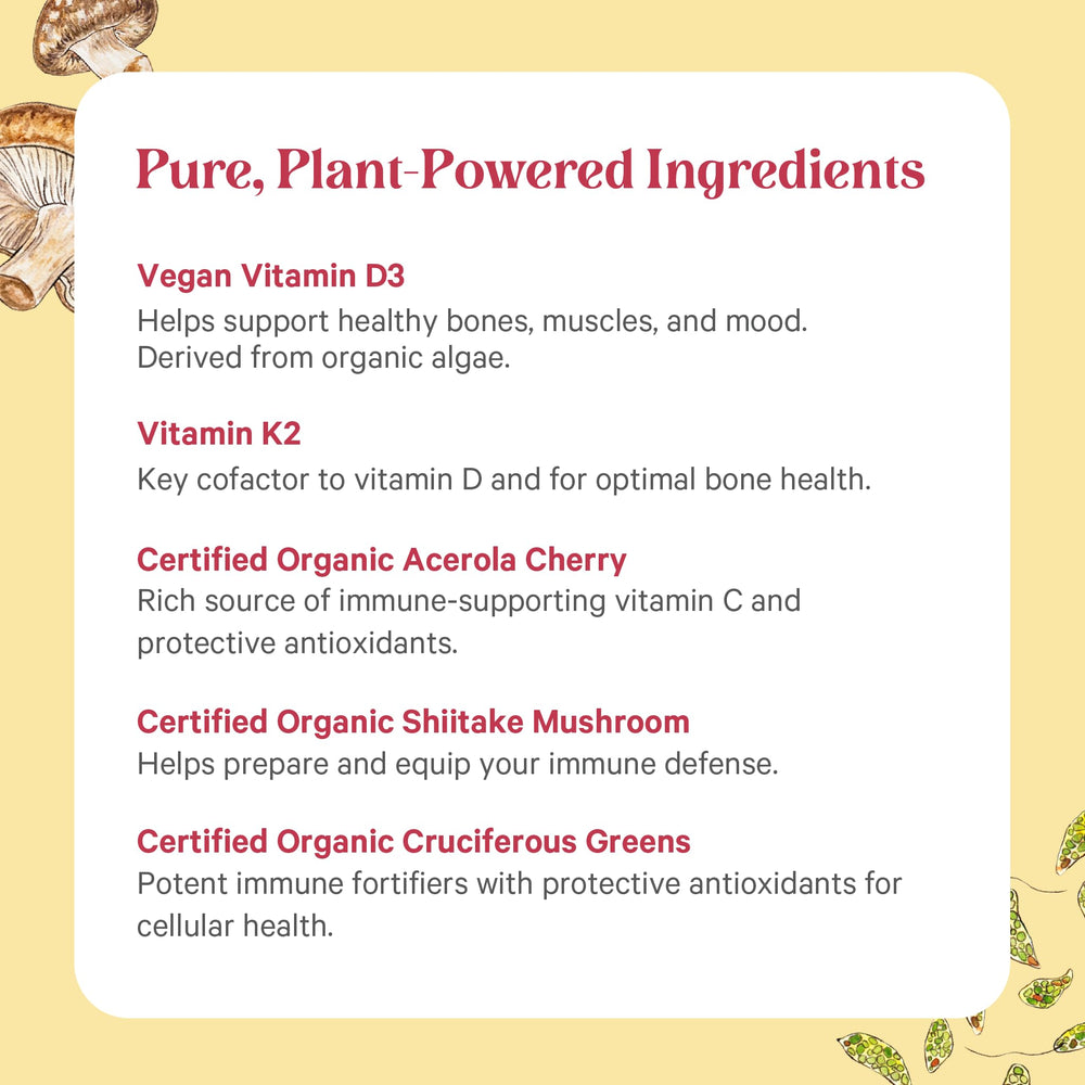 PURE SYNERGY D3 + K2 organic ingredients emphasize vegan nutrition.