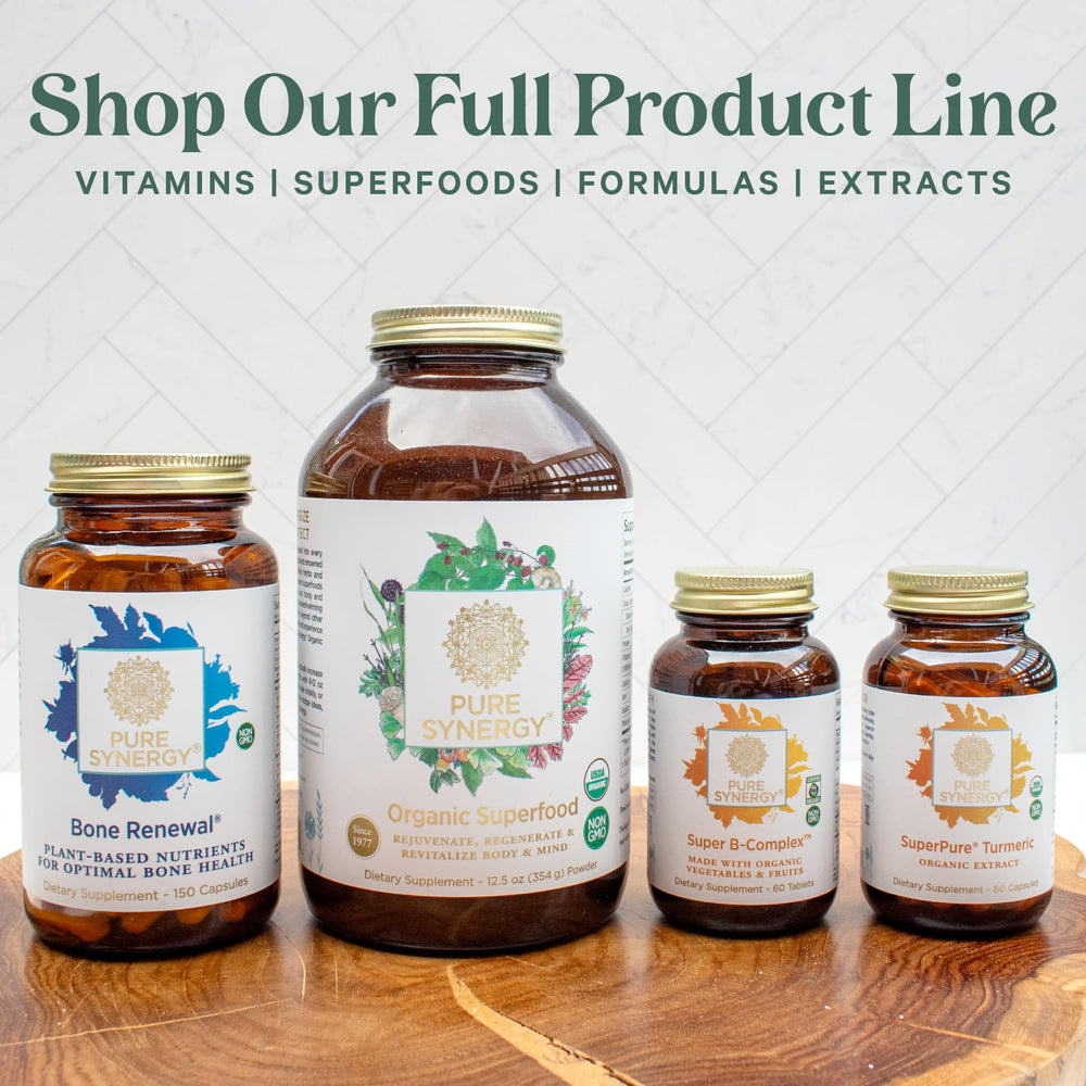 Pure Synergy Enzyme Power packaging emphasizing non-GMO, kosher, gluten-free daily support.