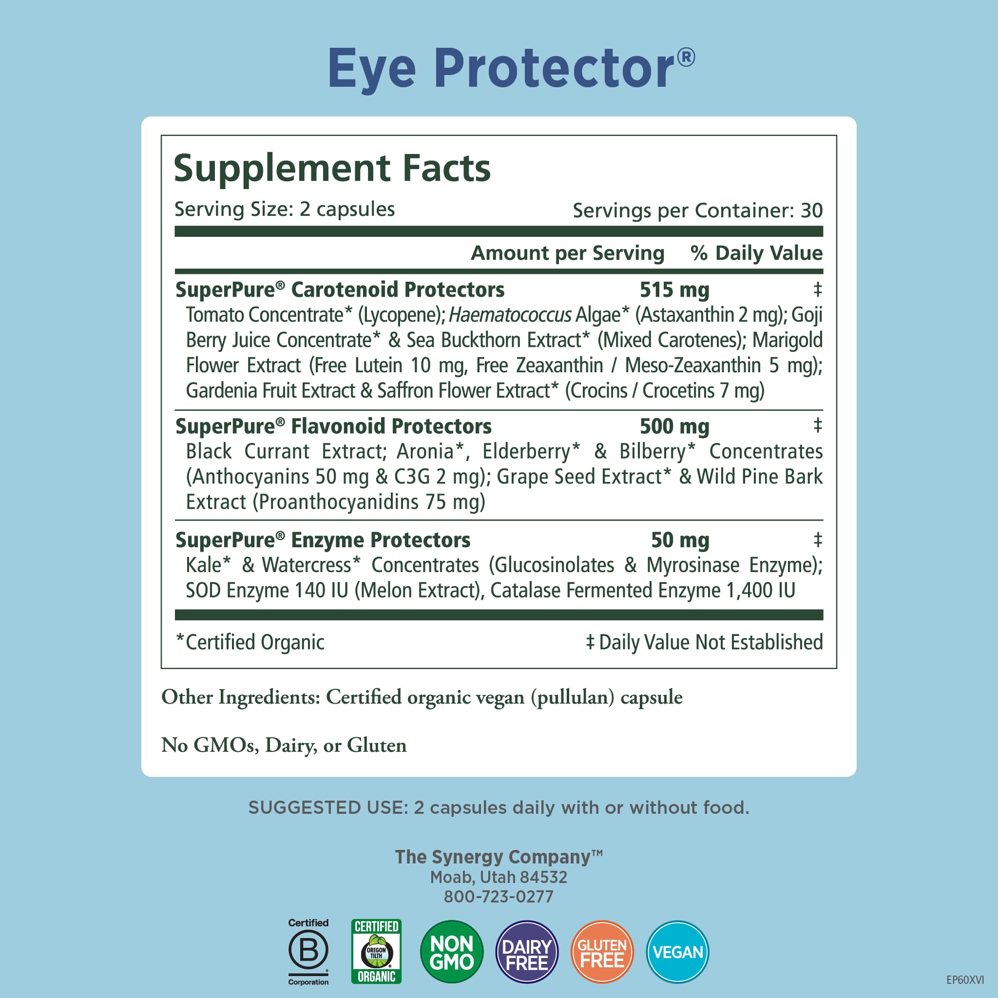 PURE SYNERGY Eye Protector capsules close-up showing natural ingredients for antioxidant nutrients.