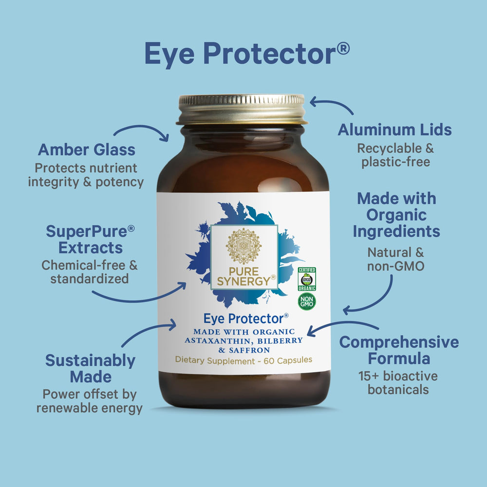 PURE SYNERGY Eye Protector packaging box highlighting vegan and organic sourcing.