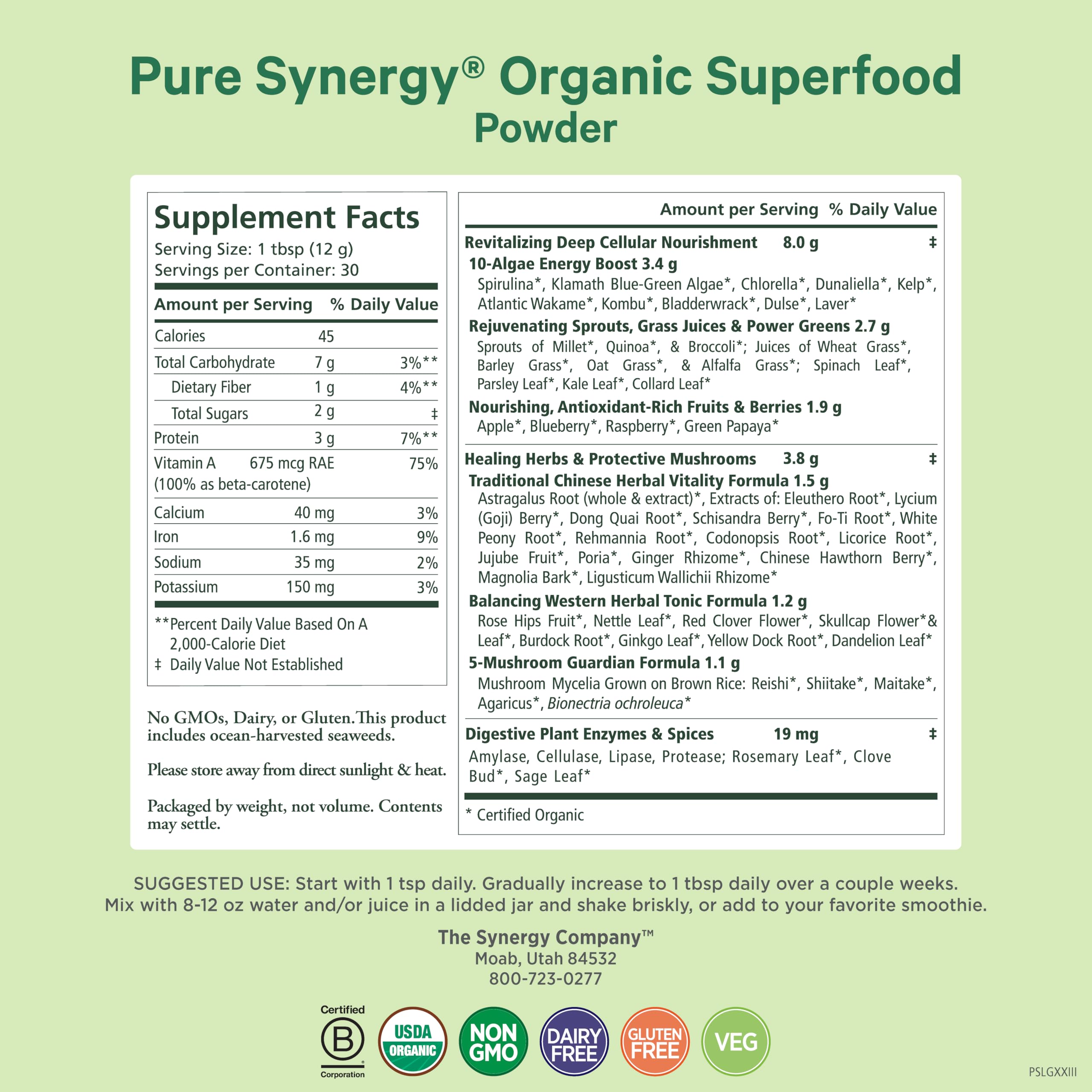 Pure Synergy Green Superfood Powder jar close-up highlighting organic ingredients for daily vitality.