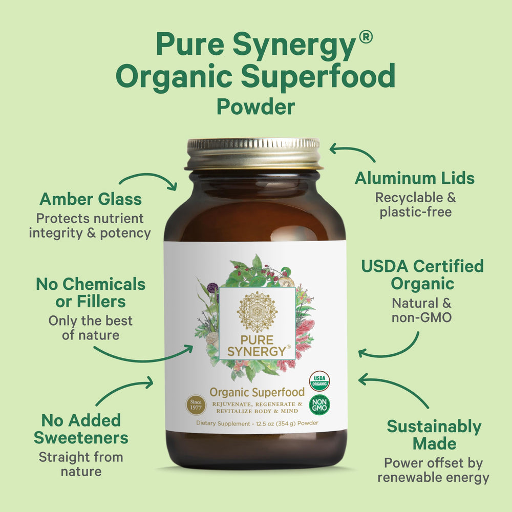 Pure Synergy ingredients list on label emphasizes greens, sprouts, algae for balanced nutrition.