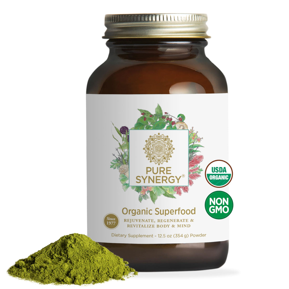 Pure Synergy Organic Superfood Powder bottle showcases packaging for daily energy and wellness.