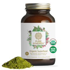 Pure Synergy Organic Superfood Powder bottle showcases packaging for daily energy and wellness.