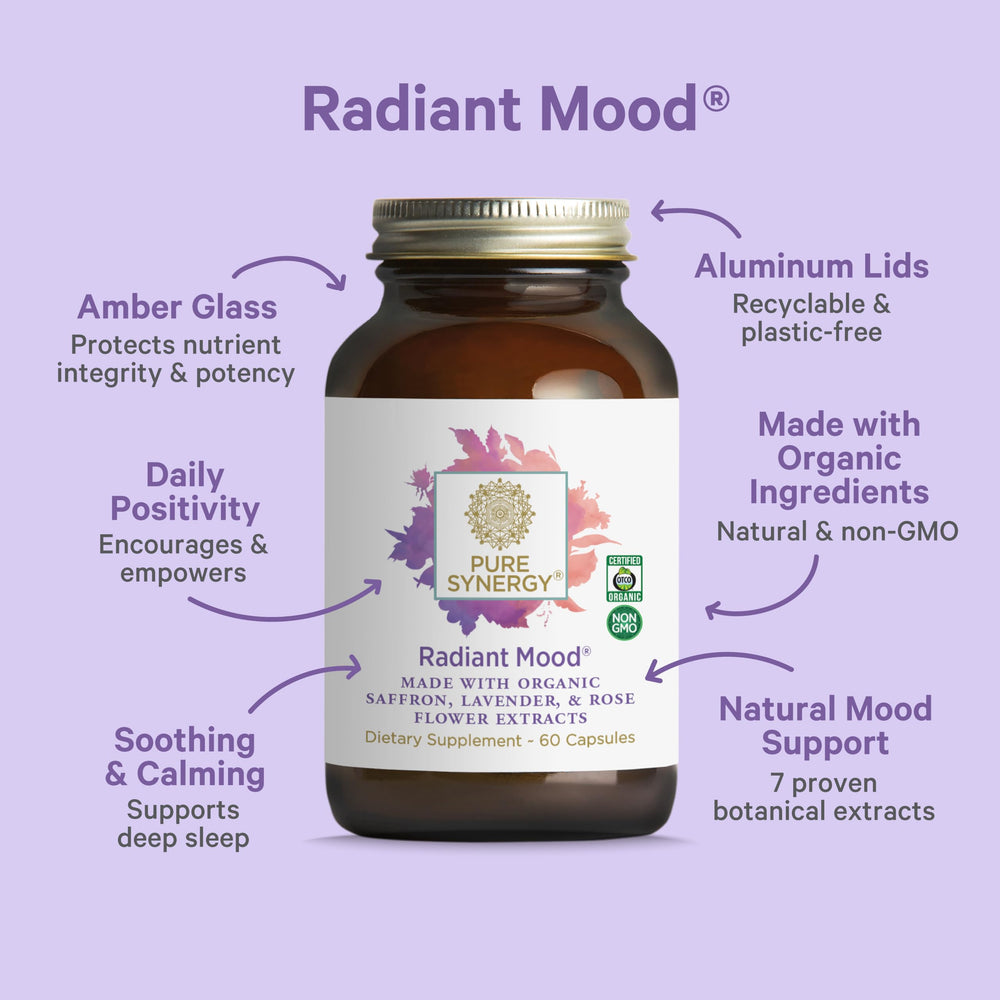Pure Synergy Radiant Mood bottle pour demonstrates simple daily dosage.