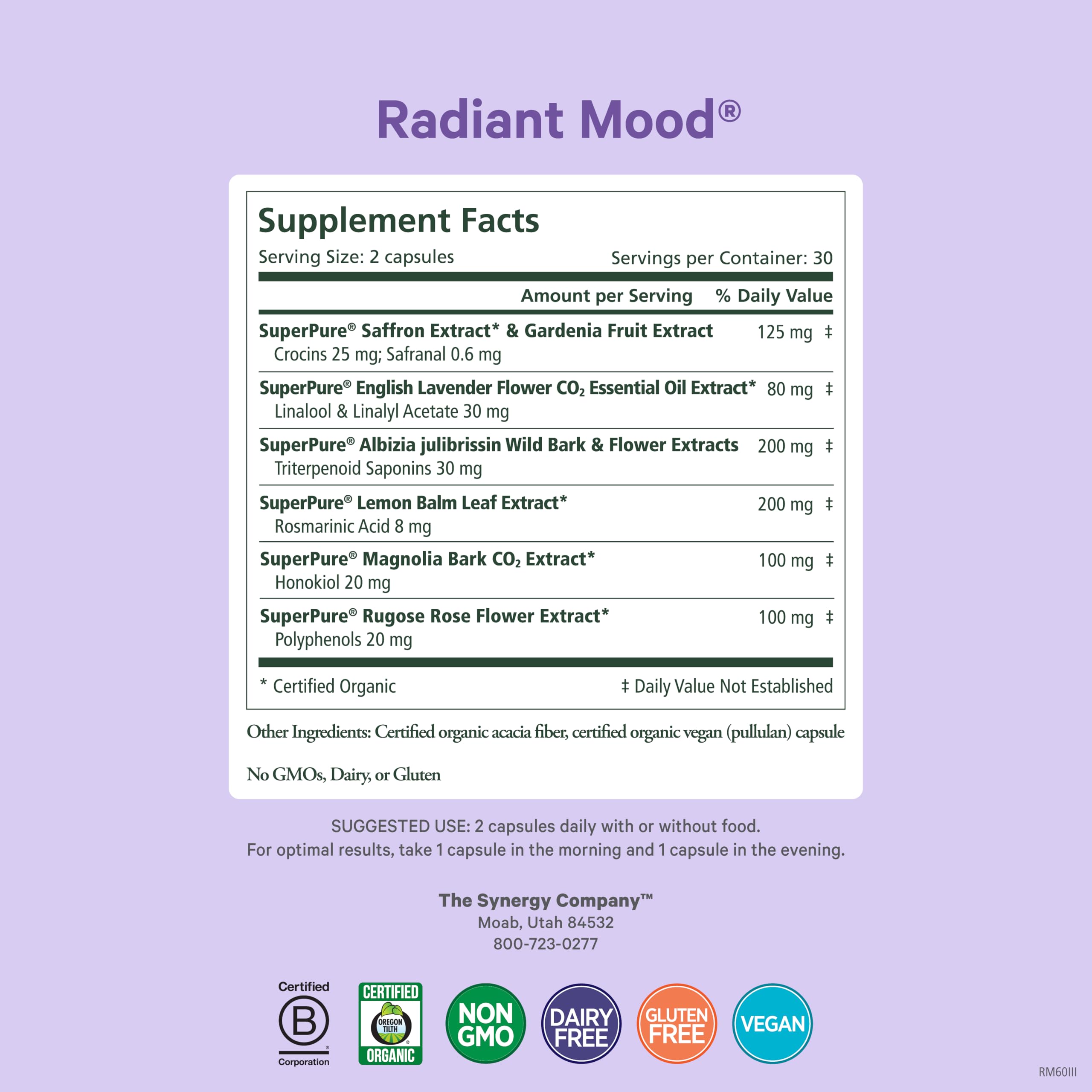 Pure Synergy Radiant Mood capsules closeup reveal vegan, organic ingredients.