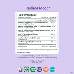 Pure Synergy Radiant Mood capsules closeup reveal vegan, organic ingredients.