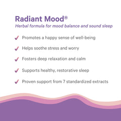 Pure Synergy Radiant Mood label detail highlights saffron and lemon balm for calmer evenings.