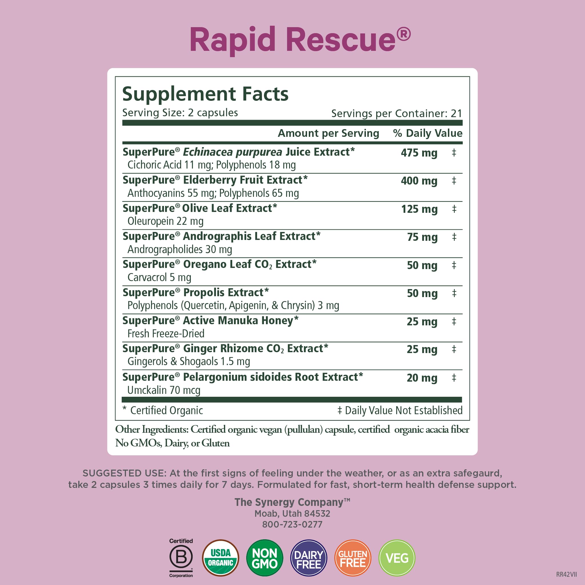 Pure Synergy Rapid Rescue bottle label highlights organic ingredients