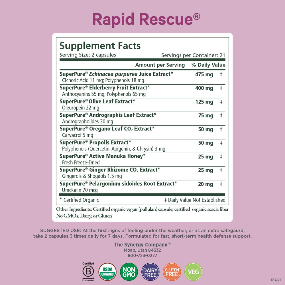 Pure Synergy Rapid Rescue bottle label highlights organic ingredients