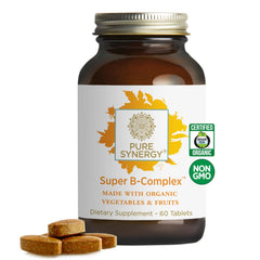 PURE SYNERGY Super B-Complex bottle supports energy and focus with organic ingredients.