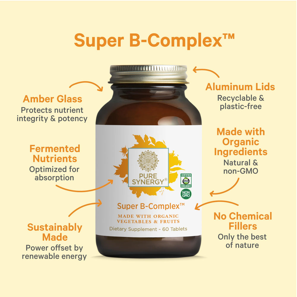 Pure Synergy Super B-Complex capsules provide a convenient vegan source of B vitamins.