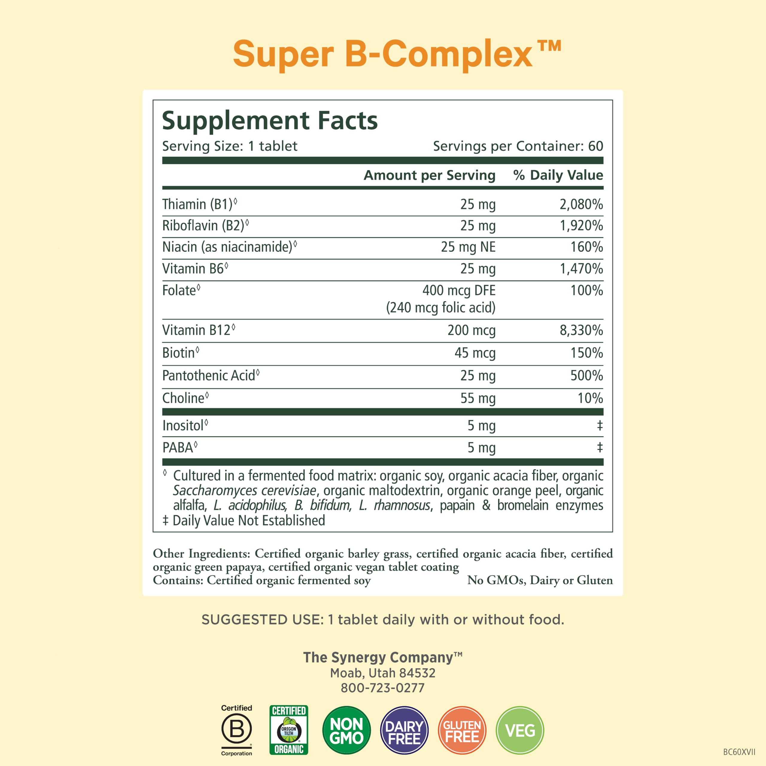 Pure Synergy Super B-Complex label detail for easy vitamin identification.