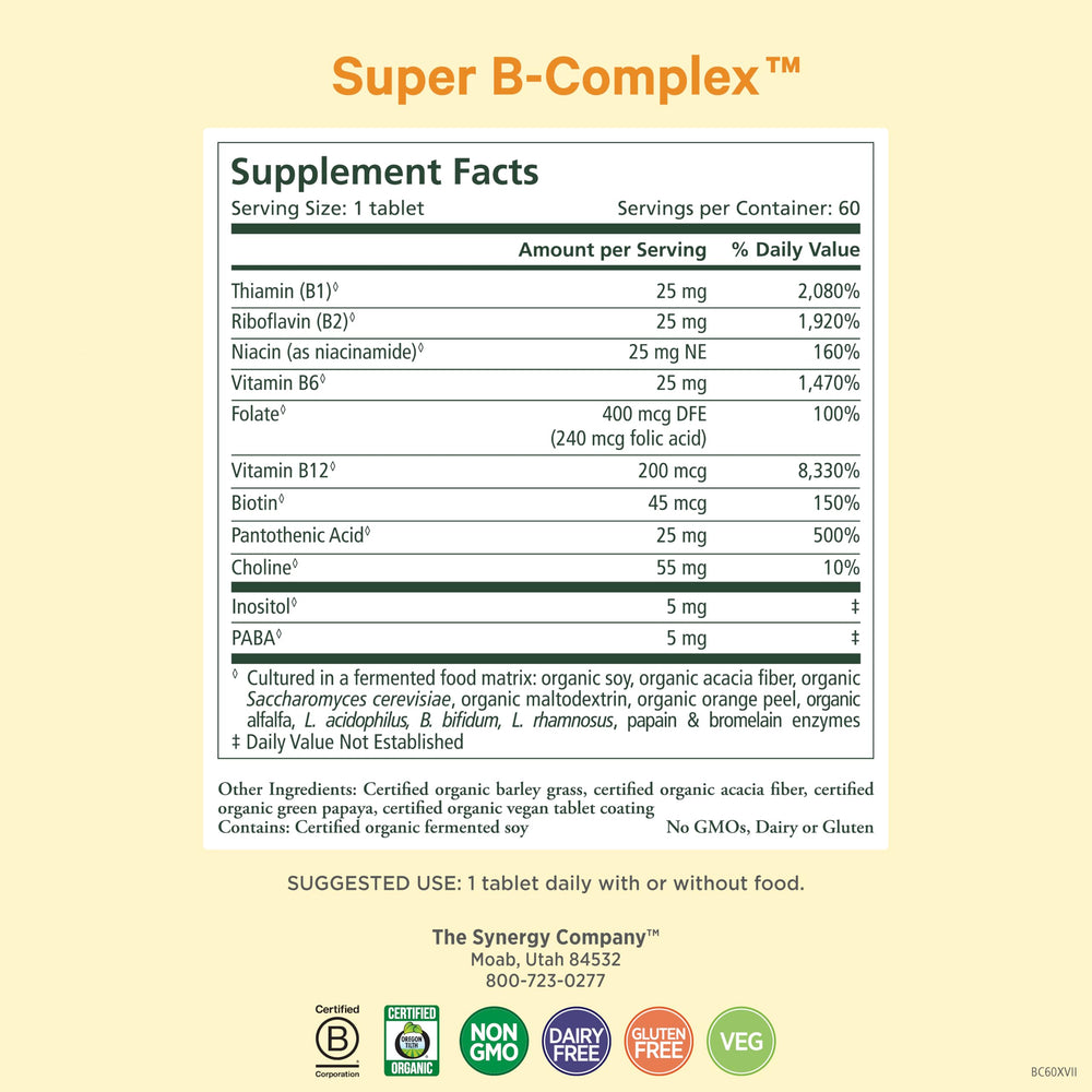Pure Synergy Super B-Complex label detail for easy vitamin identification.