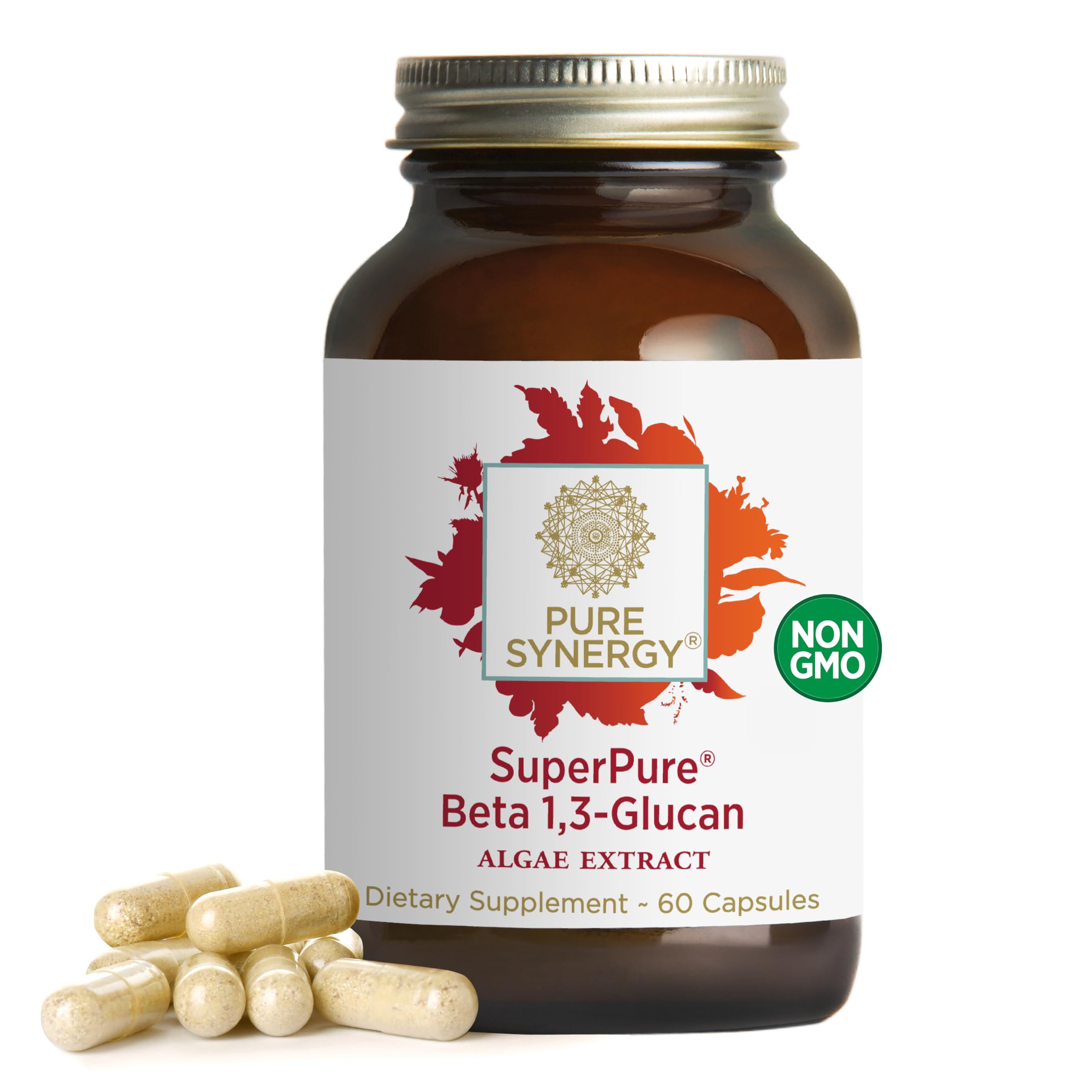 PURE SYNERGY SuperPure beta-1,3-glucan bottle highlights plant-based immune support potential.