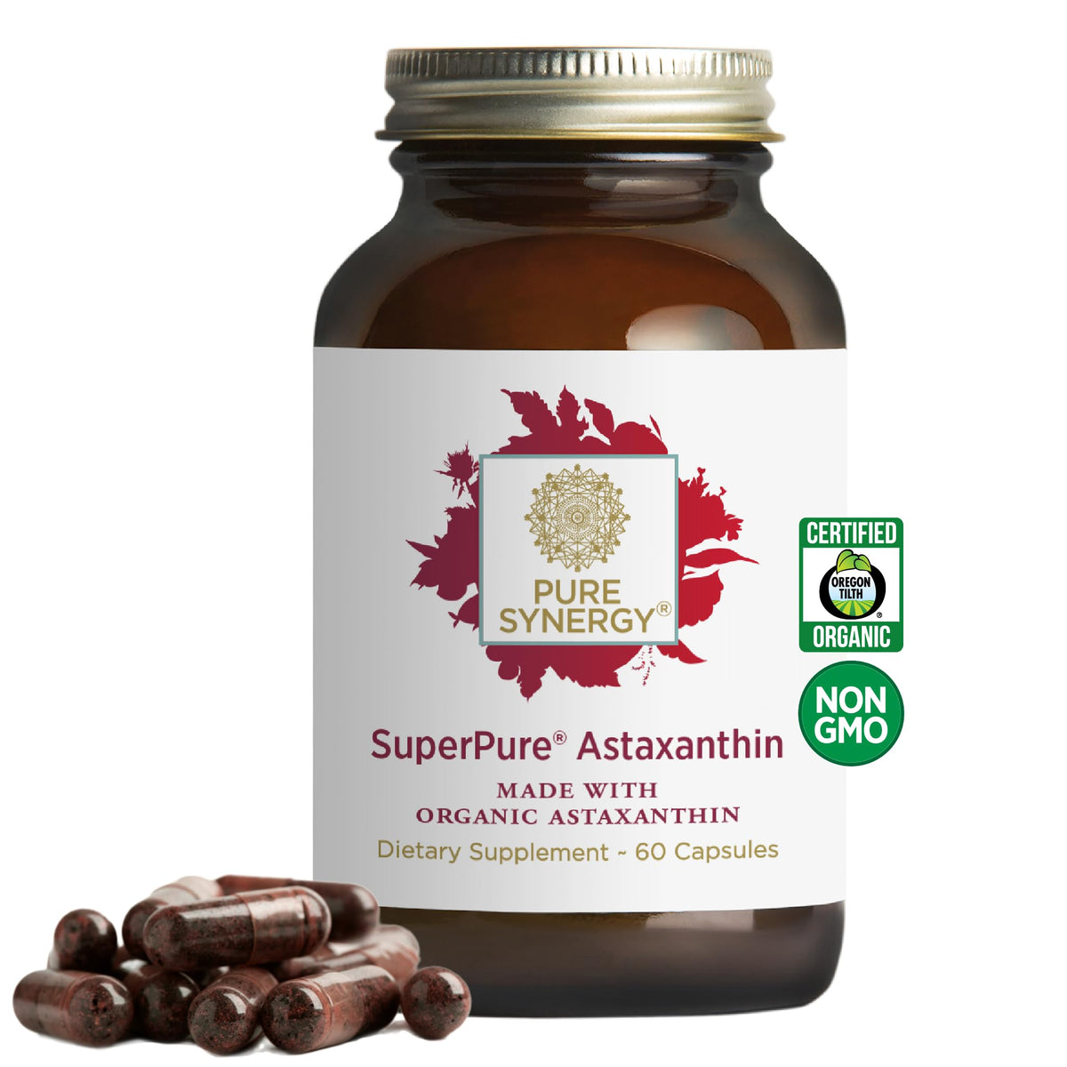 PURE SYNERGY SuperPure bottle front with organic astaxanthin for daily antioxidant support.