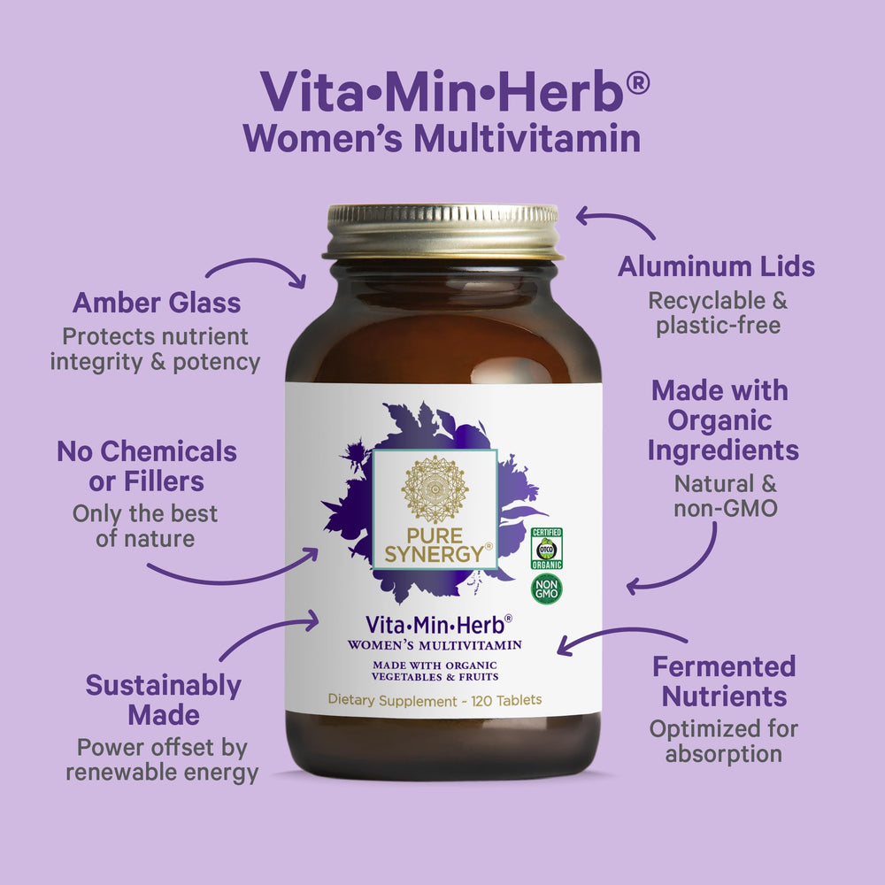 Pure Synergy Vita-Min-Herb for Women ingredient label highlights organic vegan nutrients