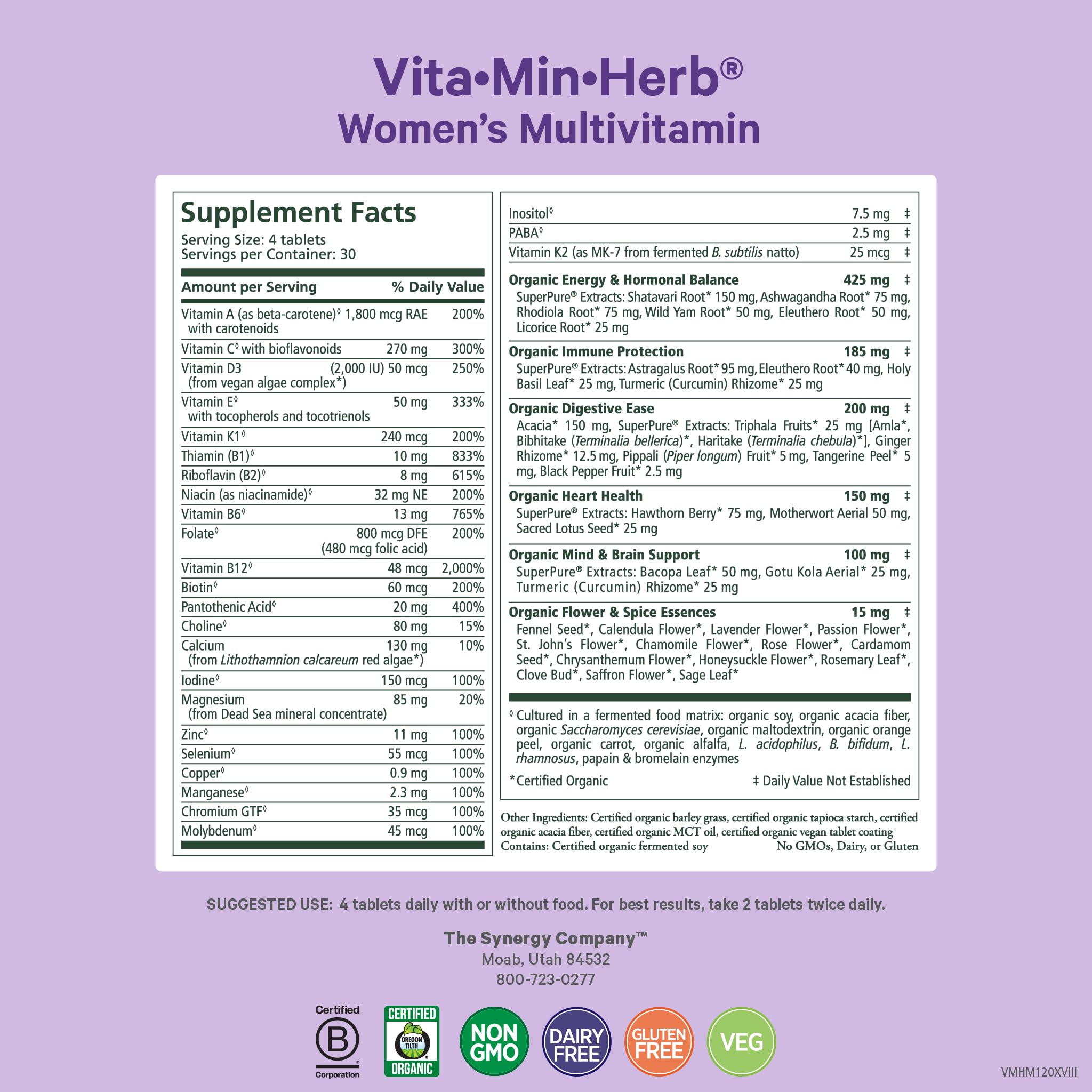 Pure Synergy Vita-Min-Herb Women tablets being poured for easy daily dosing