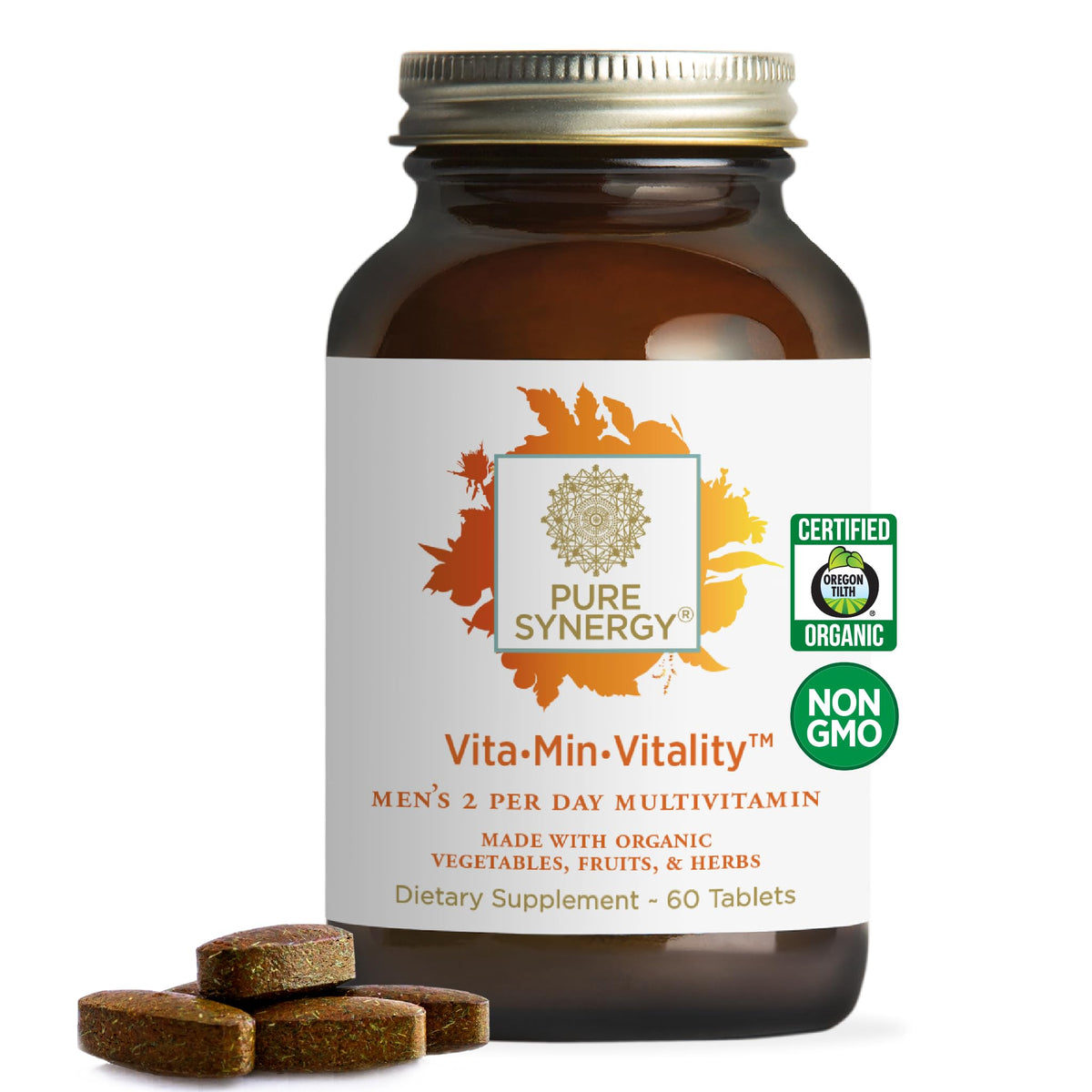 Pure Synergy Vita-Min-Vitality bottle front promotes daily energy and immune balance.