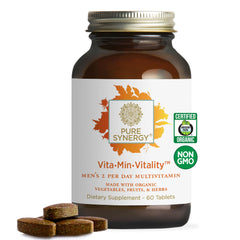 Pure Synergy Vita-Min-Vitality bottle front promotes daily energy and immune balance.