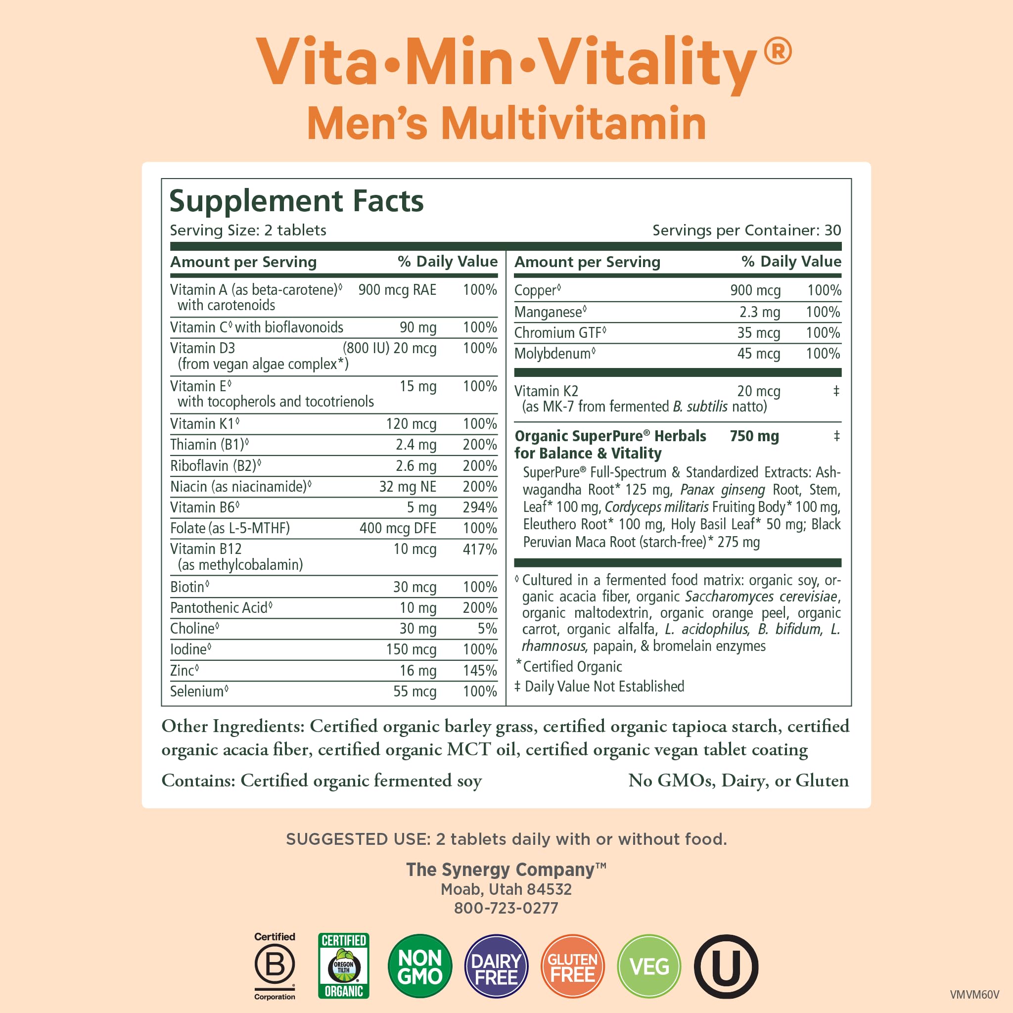 Pure Synergy Vita-Min-Vitality tablets closeup highlighting vegan multivitamins for men.