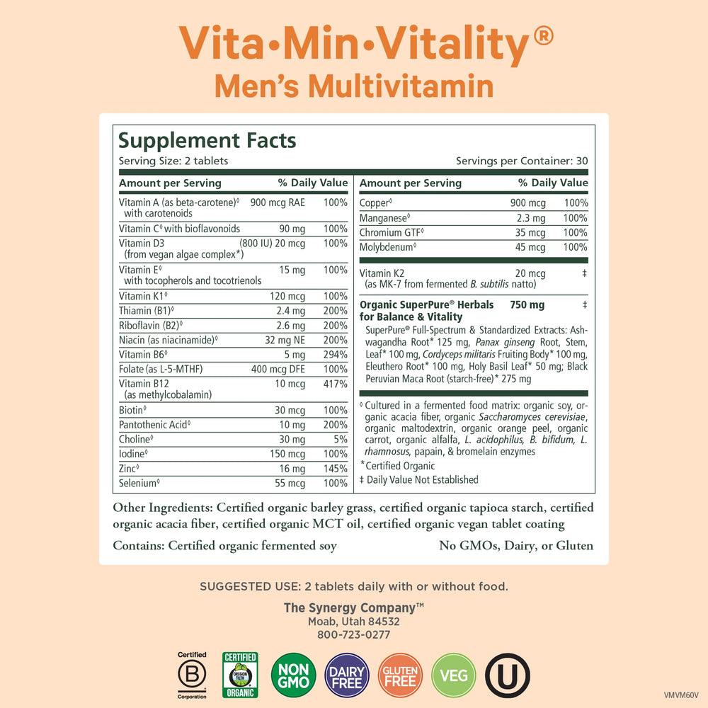 Pure Synergy Vita-Min-Vitality tablets closeup highlighting vegan multivitamins for men.