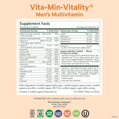 Pure Synergy Vita-Min-Vitality tablets closeup highlighting vegan multivitamins for men.