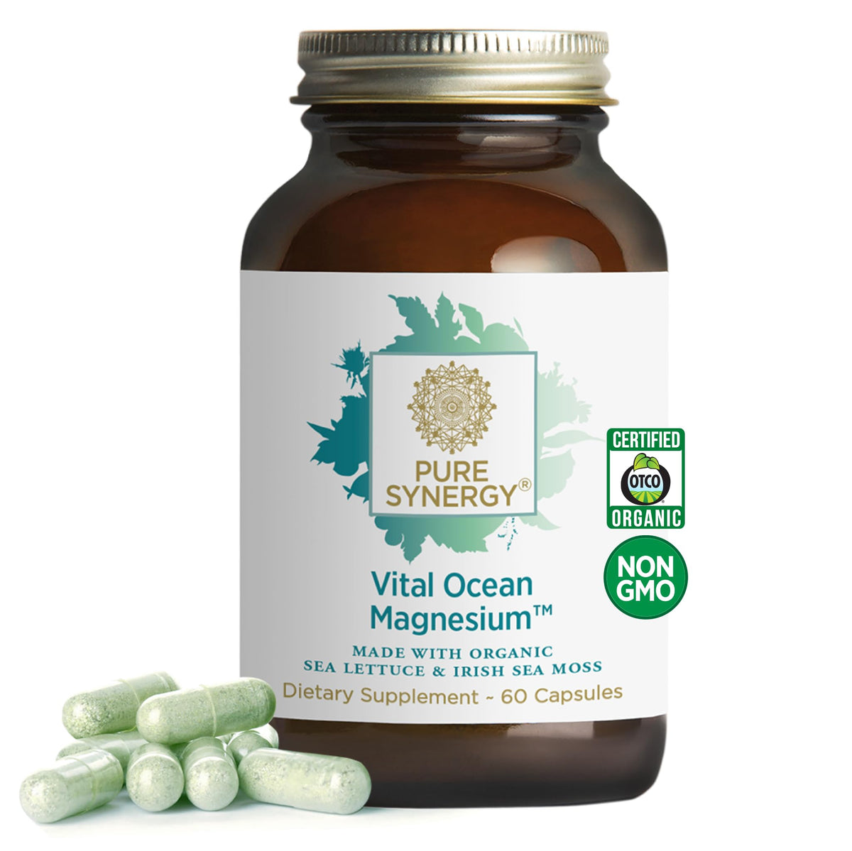 Pure Synergy Vital Ocean Magnesium bottle front promoting daily energy and restful nights.