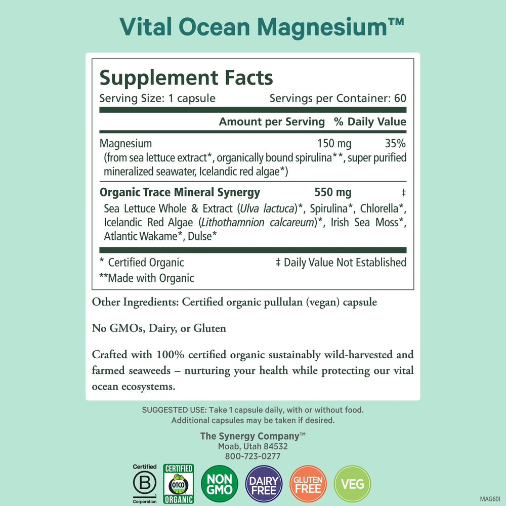 Pure Synergy Vital Ocean Magnesium capsules close-up highlighting seaweed-based complex for energy and relaxation.
