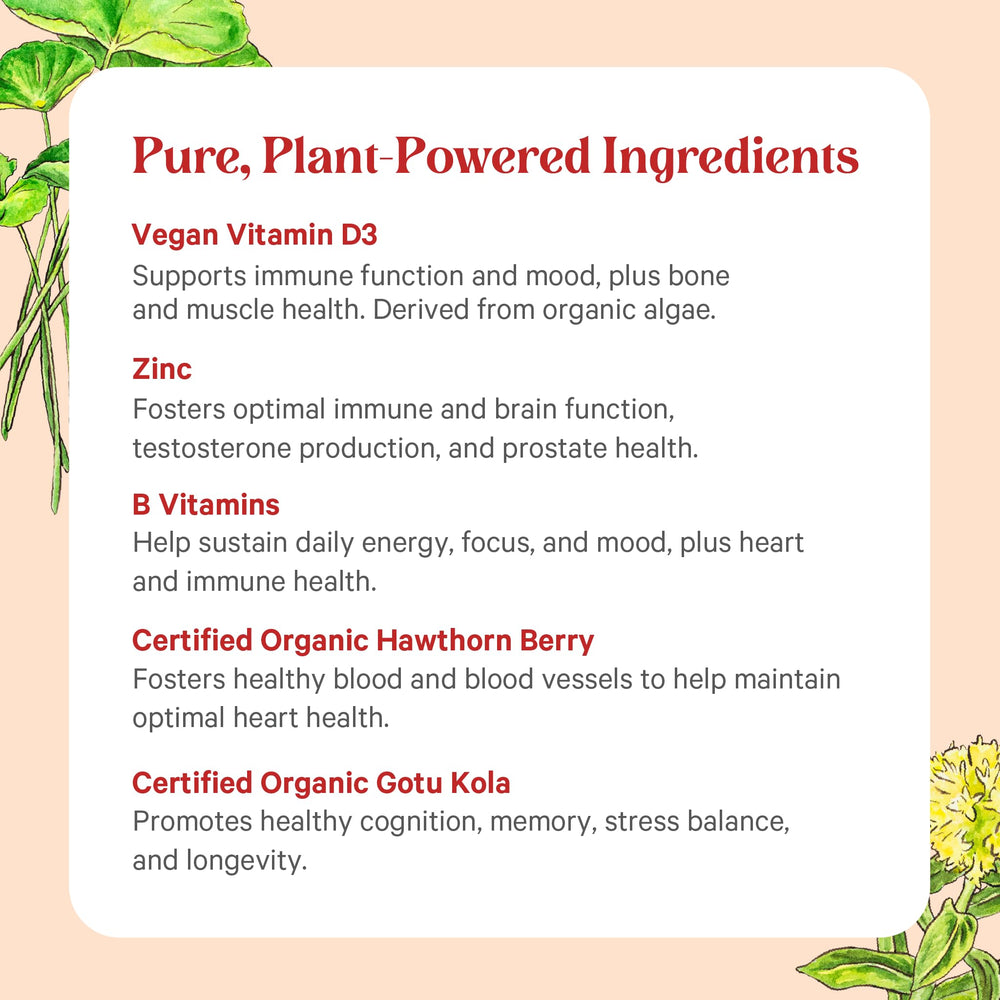 Pure Synergy Vita-Min-Herb for Men bottle with ingredients spread, emphasizing vegan and clean-label quality
