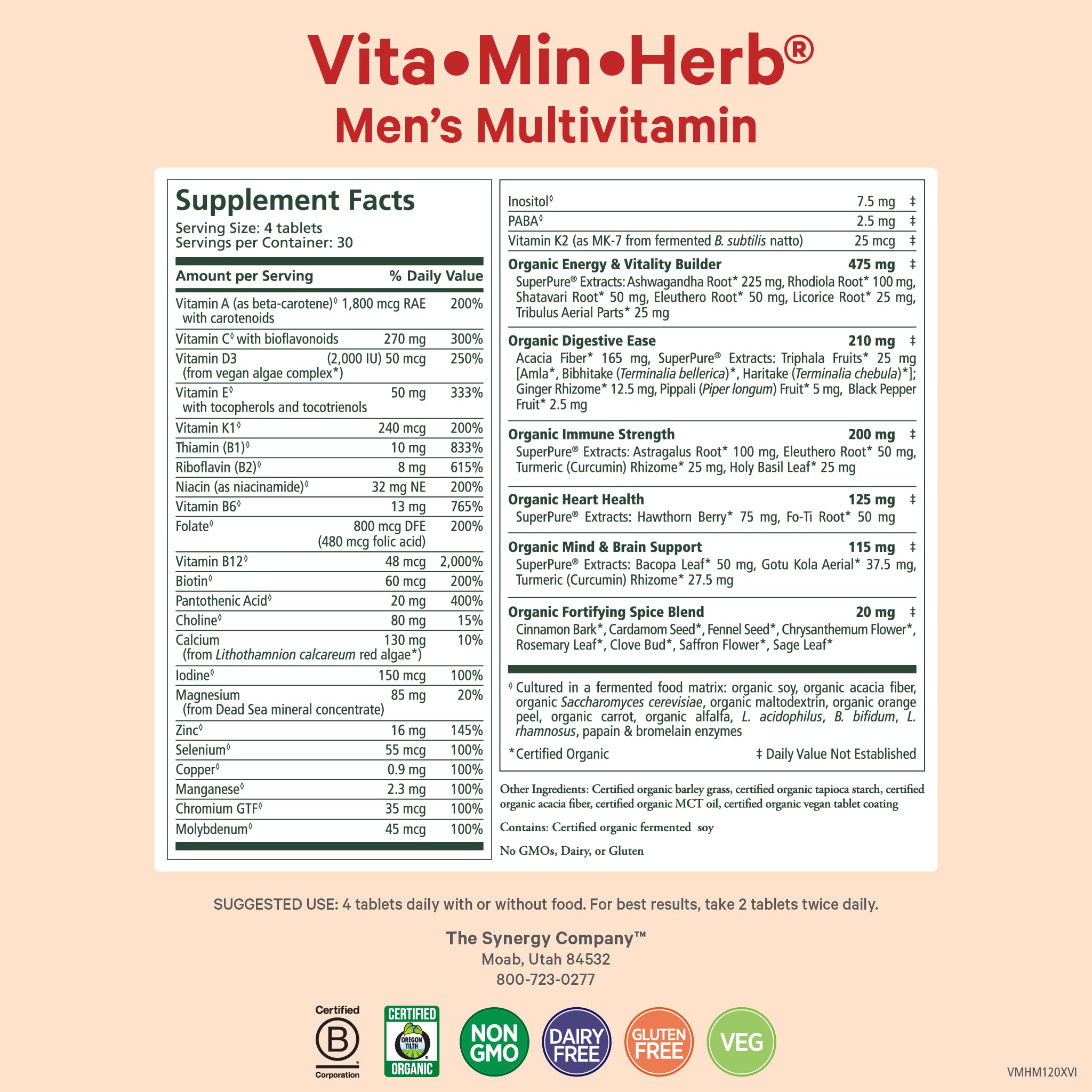 Pure Synergy Vita-Min-Herb for Men label viewed, signaling clean, non-GMO multivitamin ingredients