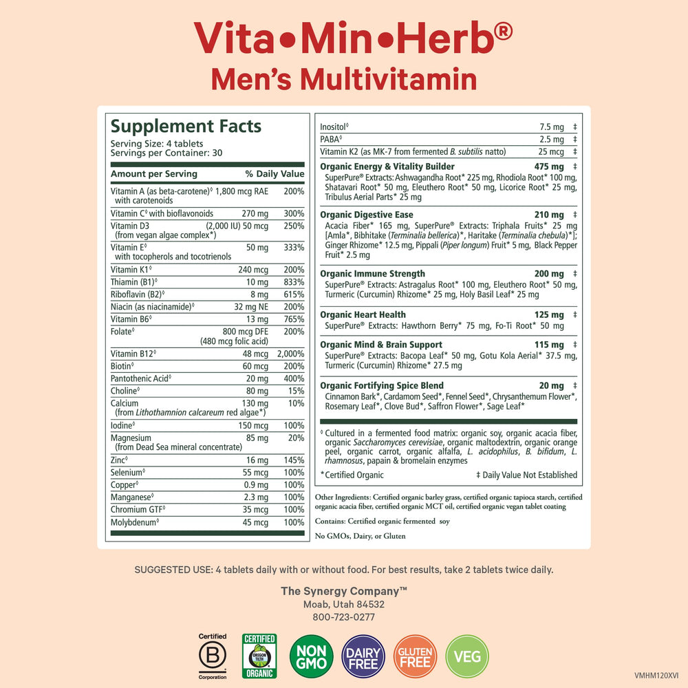 Pure Synergy Vita-Min-Herb for Men label viewed, signaling clean, non-GMO multivitamin ingredients