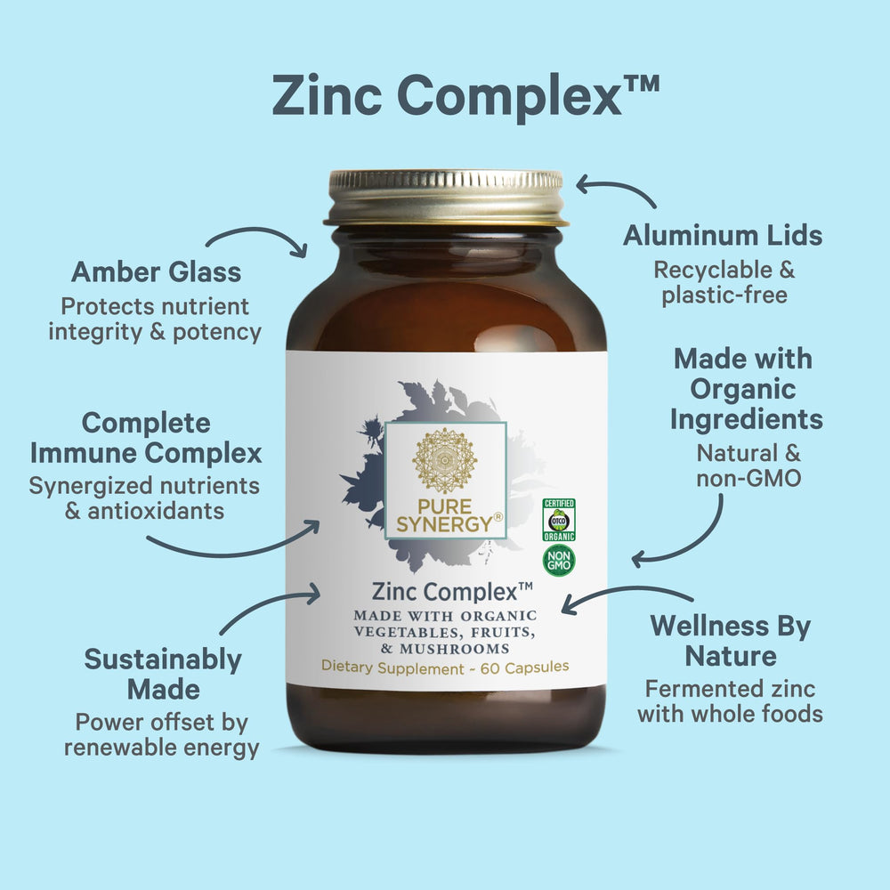PURE SYNERGY Zinc Complex capsules pouring for easy daily intake.