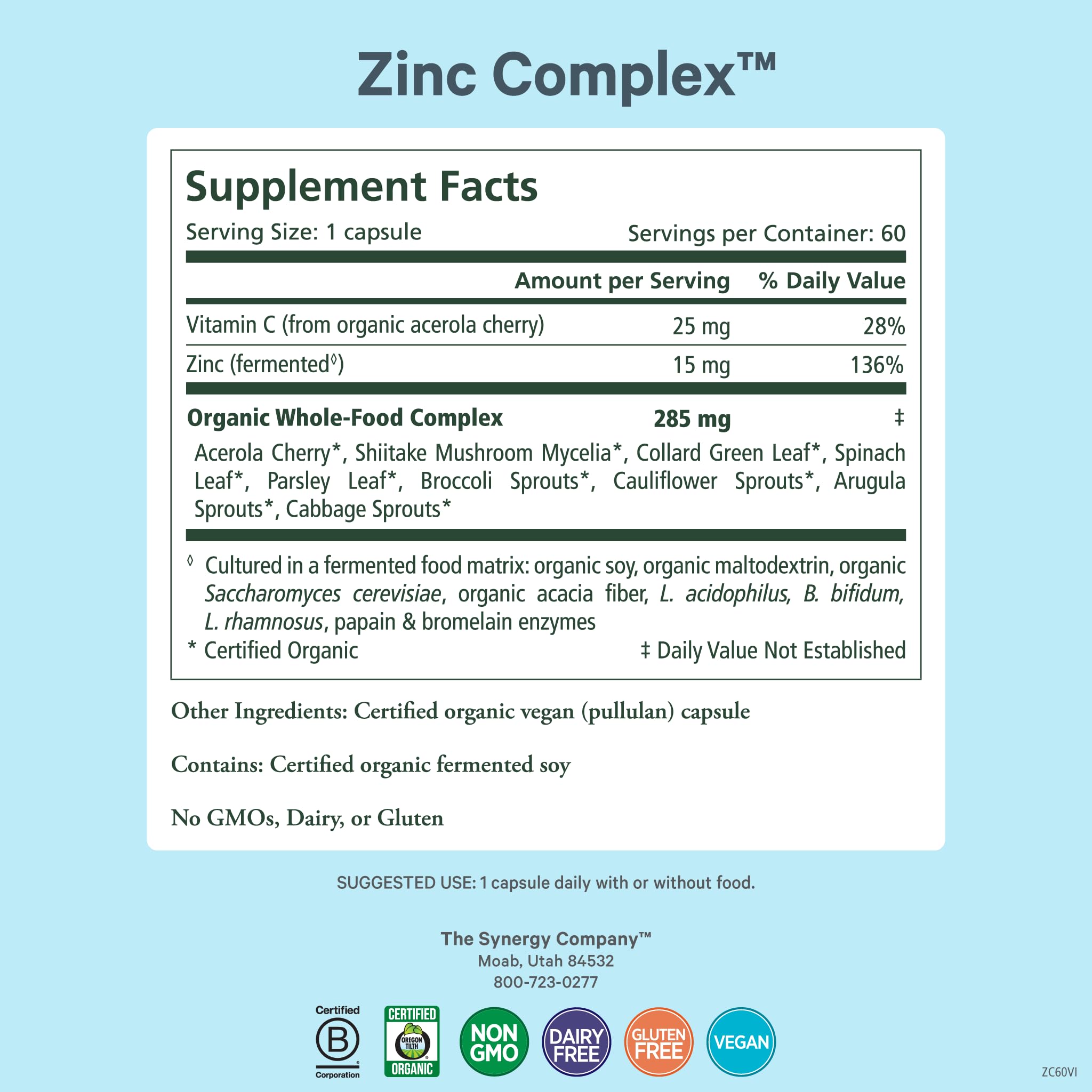 PURE SYNERGY Zinc Complex label close-up with vitamin C and cofactors.